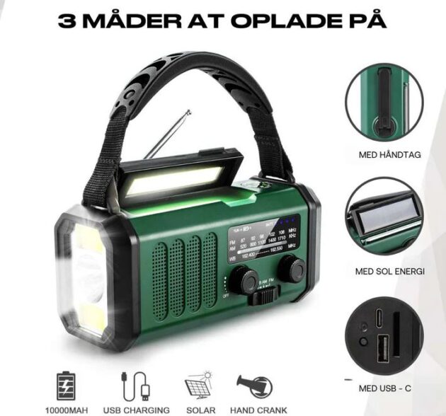 3-i-1 Pro Nødradio med FM Radio, Powerbank og Lommelygte
