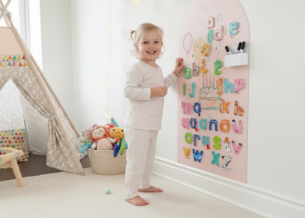 3 årig pige bruger Kidsboard magnettavle