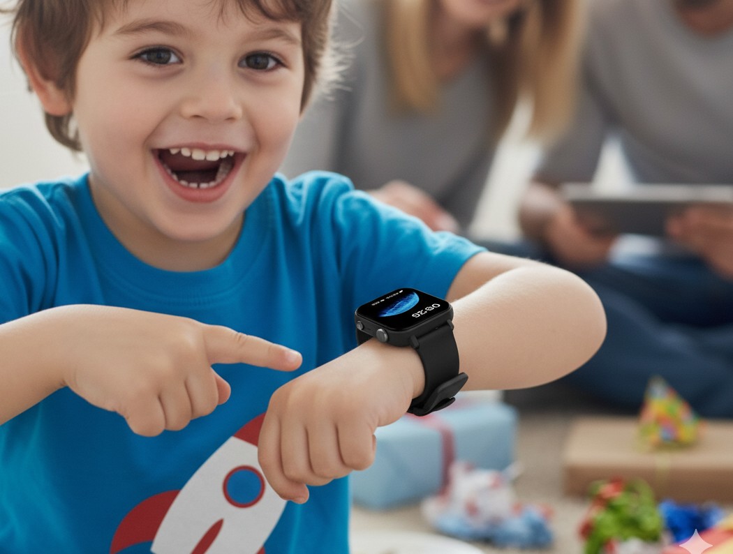 Glad dreng med sit nye smartwatch på hånden