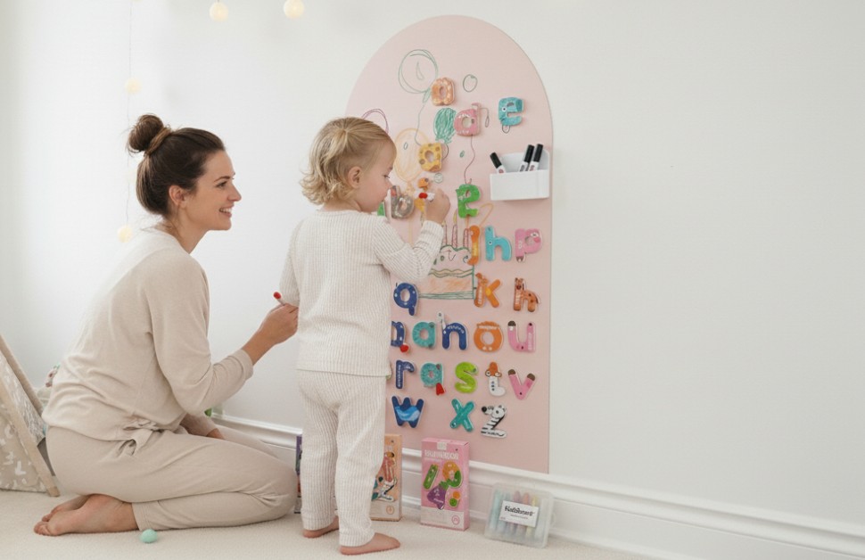 Mor og datter leger med kidsboard magnettavlen sammen