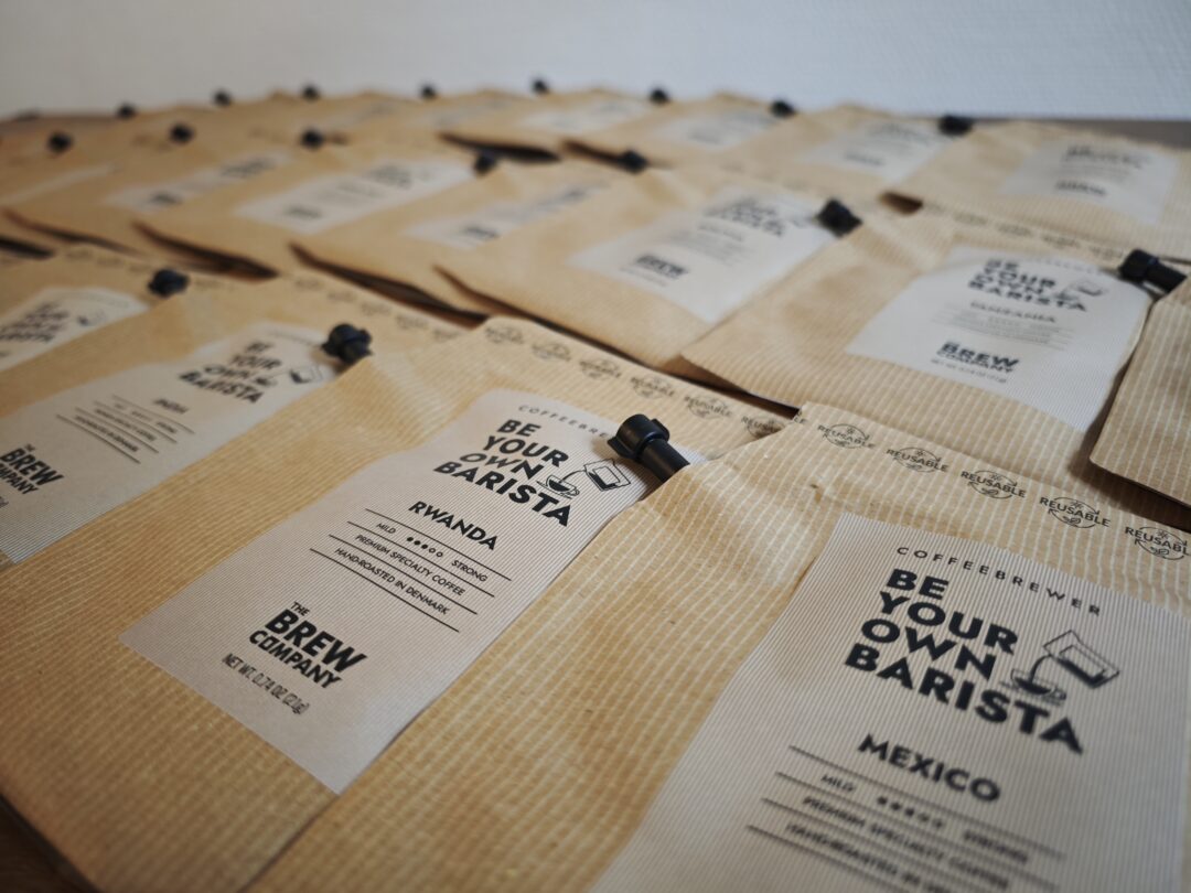 Nærbillede af Brew Company kaffeposer fra julekalenderen